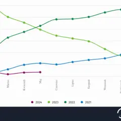 Wykres pokazuje inflację w Polsce na przestrzeni lat 2021-2024. Widać wyraźne trendy spadkowe w ostatnich miesiącach.