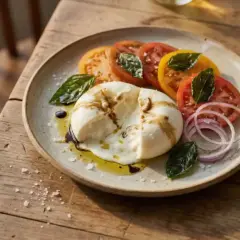 En krämig burrata med tomater, rödlök och basilika. Perfekt för den som är gravid och längtar efter något gott och fräscht.