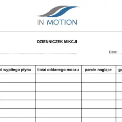 Dzienniczek mikcji do zapisywania ilości wypitego płynu, oddanego moczu, parć naglących i gubienia moczu.