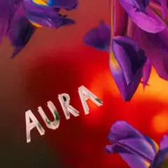 Fioletowe kwiaty na tle czerwono-pomarańczowej poświaty, z napisem "AURA". Niebieska aura co oznacza? Spokój i harmonię.