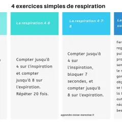 Les 4 types de respiration : cohérence cardiaque, respiration 4-8, 4-7-8, et en conscience. Instructions détaillées pour chaque exercice.