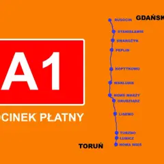 Autostradą A1 opłaty Toruń - Gdańsk. Mapa pokazuje płatny odcinek A1 z zaznaczonymi miejscowościami.