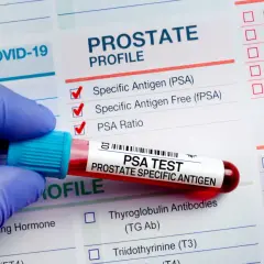 Rękawiczka trzyma probówkę z krwią do badania PSA. Wyniki analizy PSA pomogą ocenić, jak obniżyć psa prostaty.