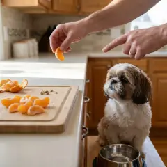Czy pies może jeść mandarynkę? Mały piesek Shih Tzu patrzy z nadzieją na rękę trzymającą kawałek mandarynki.