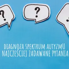 Trzy dymki z pytajnikami nad napisem "DIAGNOZA SPEKTRUM AUTOYZMU NAJCZĘŚCIEJ ZADAWANE PYTANIA". Test ADOS 2 może pomóc w odpowiedziach.