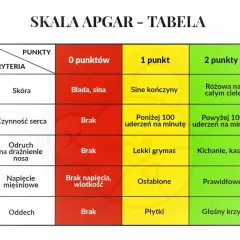 Tabela oceny noworodka według skali Apgar. Kryteria: skóra, czynność serca, odruch, napięcie mięśniowe, oddech. Punkty: 0, 1, 2.