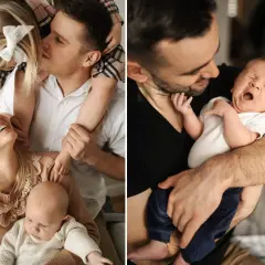 Rodzina podczas sesji noworodkowych: ojciec z dzieckiem na rękach, matka z córką i niemowlęciem.