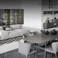 Stilvoller Wohn- und Essbereich mit moderner Trennung: Ein beiges Sofa und ein Esstisch mit grauen Stühlen schaffen eine elegante Atmosphäre.