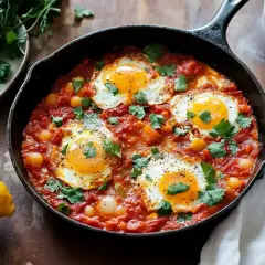 En gjutjärnspanna med ett smakligt shakshuka recept. Ägg pocherade i en kryddig tomatsås med kikärtor och färsk koriander.