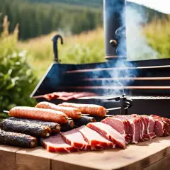 Saucisses, poisson et viande prêts pour le fumage à froid dans un fumoir extérieur. La fumée s'échappe du conduit.