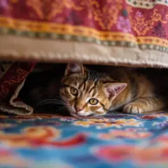 Un chat tigré aux yeux d'or se cache sous une couverture ornée, l'air pensif. Le chat sent-il sa mort venir, ou juste une sieste ?