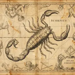Starożytna mapa nieba z konstelacją Skorpiona. Słońce w Skorpionie, otoczone mitologicznymi postaciami i instrumentami astronomicznymi.