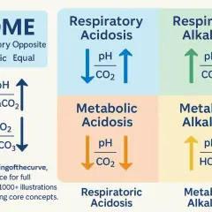 Schemat ROME: kwasica oddechowa (pH w dół, CO2 w górę), zasadowica oddechowa (pH w górę, CO2 w dół), kwasica metaboliczna (pH w dół, CO2 w dół), zasadowica metaboliczna (pH w górę, HCO3 w górę).