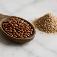 Cucchiaio di semi di lino interi accanto a una piccola pila di semi di lino macinati. Attenzione: i semi di lino macinati sono tossici se non trattati.