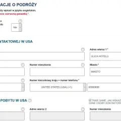 Formularz z polami do wpisania danych podróży i osoby kontaktowej w USA.