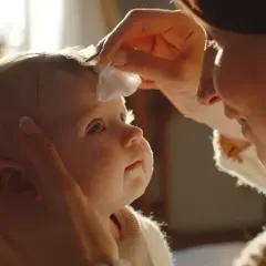 Delikatne przemywanie oczu noworodka. Mama z miłością troszczy się o czystość maluszka, tworząc intymną chwilę.