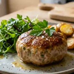 Une savoureuse crepinette de porc, dorée et juteuse, accompagnée de pommes de terre rôties et d'une salade verte fraîche.