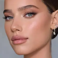 Viso di donna con trucco cerimonia impeccabile: occhi luminosi, labbra nude e pelle radiosa. Perfetto per un evento speciale.