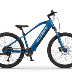 Niebieski elektryczny rower dla dzieci z napisem ECOBIKE na ramie. Idealny do nauki jazdy i pierwszych wycieczek.