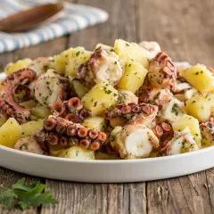 Insalata polpo e patate, un piatto saporito con tentacoli di polpo succulenti e patate morbide, condito con prezzemolo fresco.