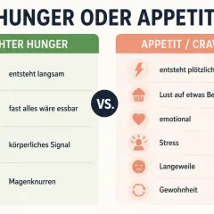 Gegenüberstellung von echtem Hunger (langsam, körperlich, Magenknurren) und Appetit (plötzlich, emotional, Stress, Gewohnheit). Hilft bei nächtlichem Hunger.