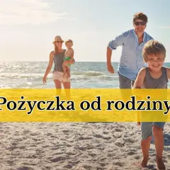 Szczęśliwa rodzina na plaży. Czy pożyczkę od rodziców trzeba zgłaszać? Słońce, morze i piasek tworzą idealne tło.