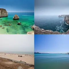Piękne zdjecia z wakacji: plaża z jaskinią, klify, zatłoczona plaża i port z widokiem na miasto.