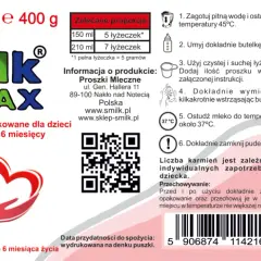 Smilk MAX - mleko modyfikowane dla niemowląt od 0 do 6 miesięcy, zawiera immunoglobuliny. Dlaczego wycofany? Brak informacji.