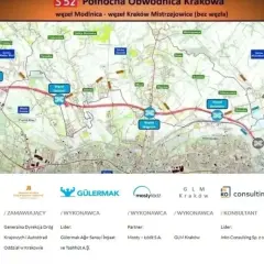 Mapa przedstawia przebieg północnej obwodnicy Krakowa od węzła Modlnica do węzła Kraków Mistrzejowice, z zaznaczonymi etapami budowy i wykonawcami.