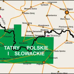 Mapa pokazuje, gdzie są Tatry Polskie i Słowackie, z zaznaczonymi miastami jak Zakopane, Nowy Targ i Poprad.
