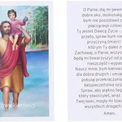 Ilustracja do modlitwy kierowcy: św. Krzysztof z Dzieciątkiem Jezus na ramionach, trzymający laskę.
