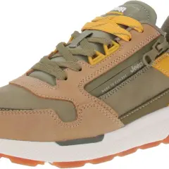Scarpe Jeep uomo in camoscio e tessuto tecnico, color kaki e cuoio, con zip laterale e lacci gialli. Perfette per ogni avventura.