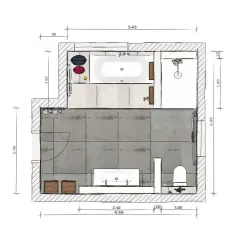Grundriss eines modernen Badezimmers mit Badewanne, Dusche, Doppelwaschbecken und Toilette. Graue Fliesen und Holzakzente.