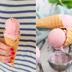 Zwei Eiswaffeln mit cremigem, rosa Erdbeereis vegan. Eine Hand hält eine Waffel, daneben liegen frische Erdbeeren.