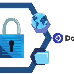 Un coffre fort numérique obligatoire pour sécuriser vos données. Icônes de clé, cadenas, globe, enveloppe et dossier. Logo DocuWare.