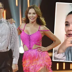 Sandra Kubicka w błyszczącej kreacji na parkiecie "Tańca z Gwiazdami", obok partnera w okularach i szelkach. W rogu ujęcie Sandry w domowym wydaniu.