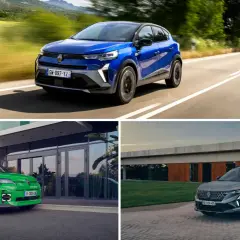 Trzy **Renault modele**: niebieski na drodze, zielony przed budynkiem, szary na podjeździe.