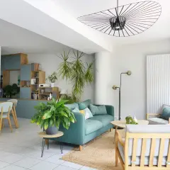 Aménagement de salon moderne avec canapé bleu sarcelle, fauteuil gris, table basse en bois et plantes vertes.