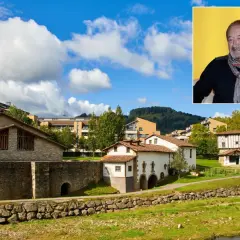Paisaje vasco con casas tradicionales y modernas, y un retrato de Karlos Arguiñano, mostrando de donde es Arguiñano.