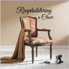 Learn how to reupholster a chair with this elegant armchair, fabric, scissors, and staple gun.