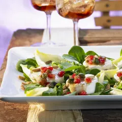 Ein frischer Salat mit Ziegenkäse, garniert mit Granatapfelkernen und Pinienkernen, serviert auf einem weißen Teller.