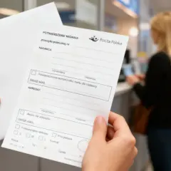 Potwierdzenie nadania przesyłki poleconej z Zabrza. Ktoś odbiera dokument z Poczty Polskiej.