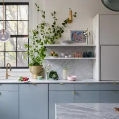 A modern kitchen with popular kitchen cabinet colors: soft blue lower cabinets and light gray upper cabinets, accented with brass hardware.