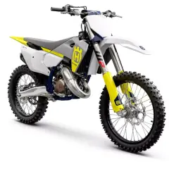 Motocykl crossowy Husqvarna TC 125 z żółtymi elementami na białym tle.