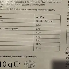 Tabela wartości odżywczych pizzy z podziałem na składniki i ilością kalorii w 100g.