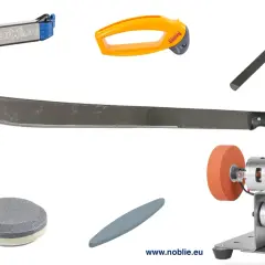Herramientas para mantener afilados distintos tipos de machetes: afiladores, piedras y una lijadora eléctrica.