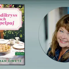 Boken "Melodikryss och äppelpaj" av Eli Åhman Owetz. En kvinna med blå ögon ler.