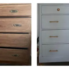 Un mueble antiguo antes y después de restaurar. La cómoda de madera desgastada se transforma con pintura gris y tiradores dorados.