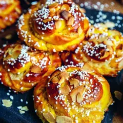 Fredriks fika: gyllene saffransbullar med mandelmassa, toppade med pärlsocker och mandelflagor. En härlig syn!