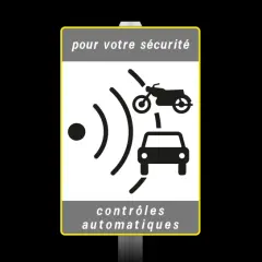 Panneau radar : ce panneau indique des contrôles automatiques de vitesse pour voitures et motos, pour votre sécurité.